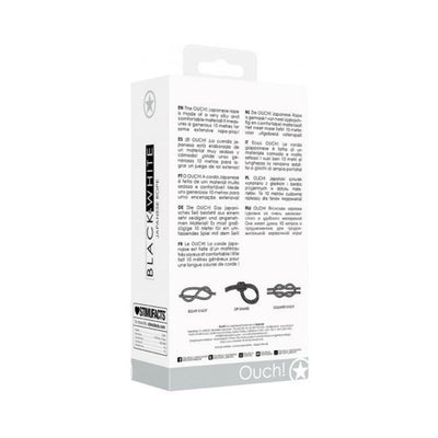 Packaging box of Ouch! Black & White Japanese silk rope with product details and knot illustrations on a white background.