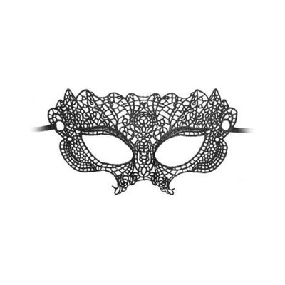 Black lace eye mask with intricate Venetian-inspired floral and geometric patterns, secured with side ribbons.