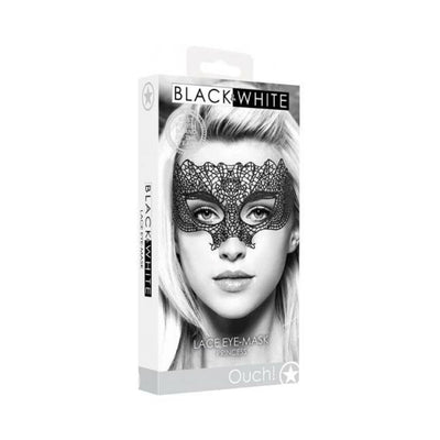 Packaging of Ouch! Black & White Lace Eye Mask Princess Black featuring a model wearing an intricate black lace mask.