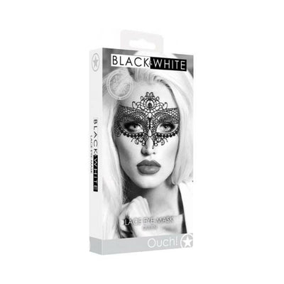 Packaging of Ouch! Black & White Lace Eye Mask Queen Black featuring a model wearing an intricate black lace Venetian-style eye mask.