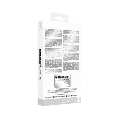 Packaging box of Ouch! Black & White Lace Mask with product information and branding in multiple languages.