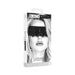 Packaging of Ouch! Black & White lace eye mask with elastic straps shown on a model with blonde hair.