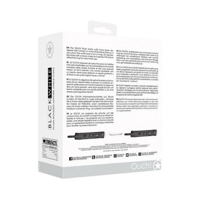 Packaging box of Ouch! Black & White Plush Bonded Leather Ankle Cuffs showing product details and features.