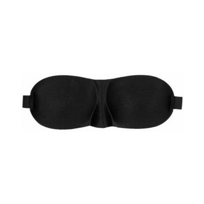 Black satin contoured eye mask with elastic straps for comfortable wear and light blocking.
