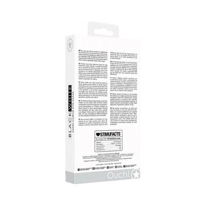 Packaging box of Ouch! Black & White Satin Curvy Eye Mask with product details and branding.