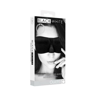 Packaging of Ouch! Black & White satin curvy eye mask with elastic straps featuring a model wearing the black eye mask.