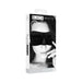 Packaging of Ouch! Black & White satin curvy eye mask with elastic straps featuring a model wearing the black eye mask.