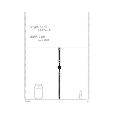 Black and white silicone ball gag with adjustable bonded leather straps shown with size dimensions and comparison objects.