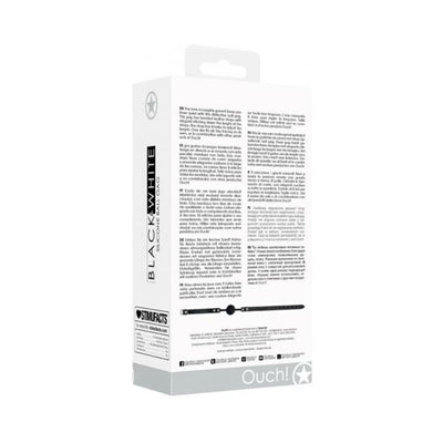 Packaging box of Ouch! Black & White Silicone Ball Gag with detailed product information and branding.