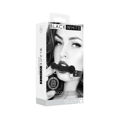 Packaging of Ouch! Black & White silicone bit gag featuring adjustable bonded leather straps with a model wearing the gag.