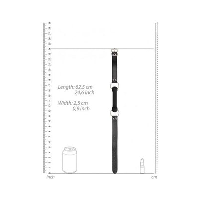 Black and white silicone bit gag with adjustable bonded leather straps shown with measurement scales for length and width.