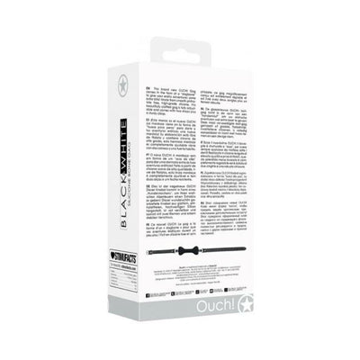 Packaging box for Ouch! Black & White Silicone Bone Gag with adjustable bonded leather straps shown with product details and multilingual text.
