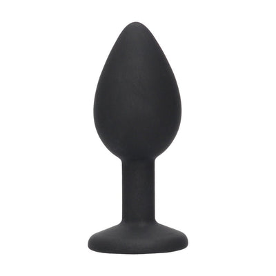 Black silicone tapered butt plug with a flared base, designed for comfort and safety.