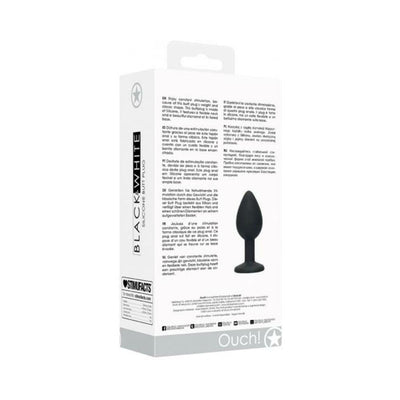 Packaging box of Ouch! Black & White silicone butt plug with product details and image on white background.