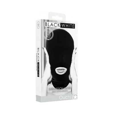 Packaging of Ouch! Black & White submission mask in black spandex with open mouth design shown on front.