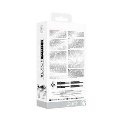 Packaging box for Ouch! Black & White Velcro Hogtie with hand and ankle cuffs, featuring product details and usage instructions.