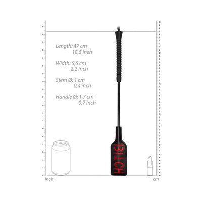 Black Ouch! crop with a short handle and rectangular tip embossed with reversed red lettering "BITCH" and size measurements shown.