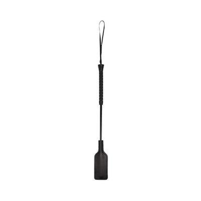 Black Ouch! crop with a short handle and rectangular tip designed for playful discipline.