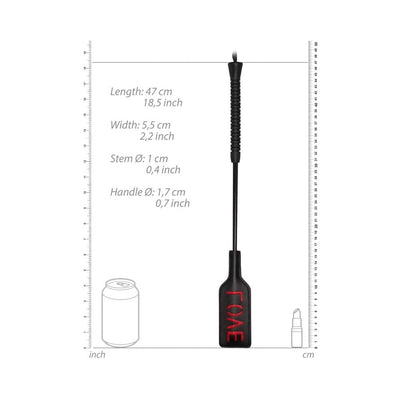 Black Ouch! LOVE crop with red imprint, measuring 47 cm long with a textured handle and rectangular tip.