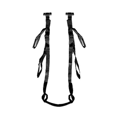 Black adjustable deluxe door swing straps with padded seat and handles for secure attachment to door frame.