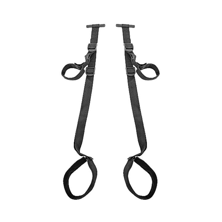 Black adjustable door swing straps with padded thigh and arm loops for secure support and easy installation on any door.