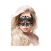 Woman with long blonde hair wearing an intricate black lace half-mask with a Venetian-inspired design