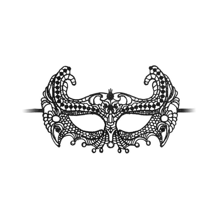 Black lace Venetian-style half mask with intricate floral and swirl patterns, tied with ribbons for a secure fit.