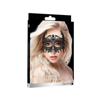 Packaging of Ouch! Empress Black Lace Mask featuring a blonde model wearing an intricate black lace half-face mask.
