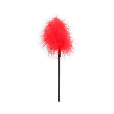 Red feather tickler with a black handle designed for gentle, sensual touch and playful foreplay.