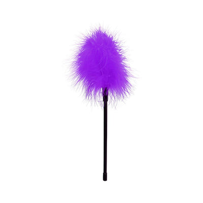 Purple feather tickler with a black handle designed for gentle, sensual touch and playful foreplay.