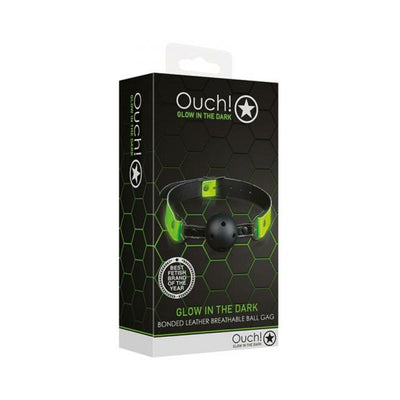 Ouch! breathable ball gag with glow-in-the-dark green accents in black packaging with hexagonal pattern.