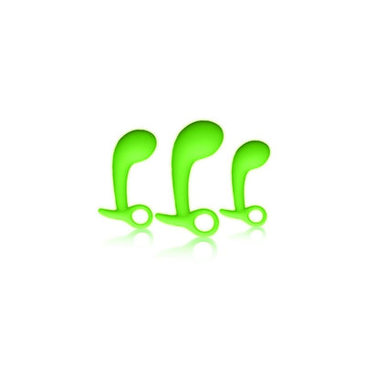 Set of three green glow-in-the-dark silicone prostate plugs in small, medium, and large sizes with finger loops.