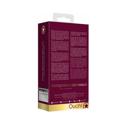 Packaging box of Ouch Halo Waist Belt L/XL in burgundy with gold accents and product information text.