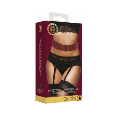 Packaging of Ouch Halo Waist Restraint Belt L/XL featuring a model wearing a burgundy waist belt with gold ring detail and black lace lingerie.
