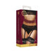 Packaging of Ouch Halo Waist Restraint Belt L/XL featuring a model wearing a burgundy waist belt with gold ring detail and black lace lingerie.