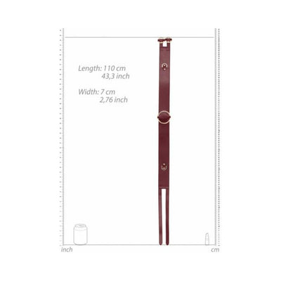 Ouch Halo Waist Belt in burgundy with gold rings and adjustable straps, measuring 110 cm by 7 cm.