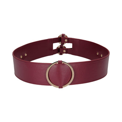 Wide burgundy waist belt with gold-tone circular metal accents and adjustable straps