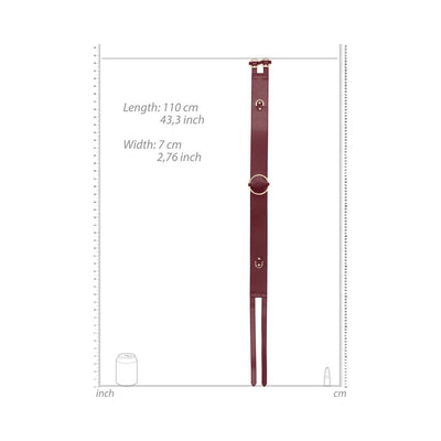 Ouch Halo waist belt in burgundy with gold hardware, adjustable straps, and attachment rings, shown with size measurements.
