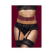 Close-up of a model wearing a burgundy waist belt with a gold ring detail, paired with black lace lingerie and garter stockings.