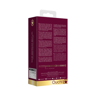Packaging box of Ouch Halo Waist Belt in size S/M with product description and adjustable strap illustration on a burgundy and gold background.