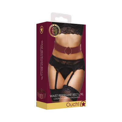Packaging of Ouch Halo Waist Restraint Belt in burgundy with gold ring detail, shown on model wearing black lace lingerie.