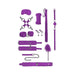 Purple intermediate bondage kit with cuffs, ball gag, flogger, feather tickler, rope, collar, leash, eye mask, nipple clamps, and hogtie connector.
