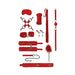 Red intermediate bondage kit with cuffs, ball gag, flogger, feather tickler, rope, collar, leash, eye mask, nipple clamps, and hogtie connector.