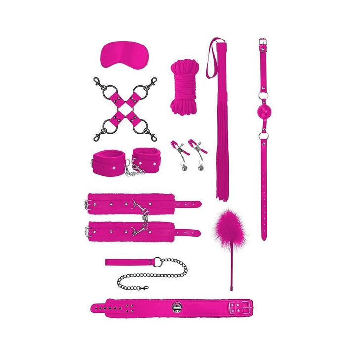 Pink intermediate bondage kit with ball gag, cuffs, eye mask, flogger, feather tickler, rope, hogtie connector, nipple clamps, collar, and leash.