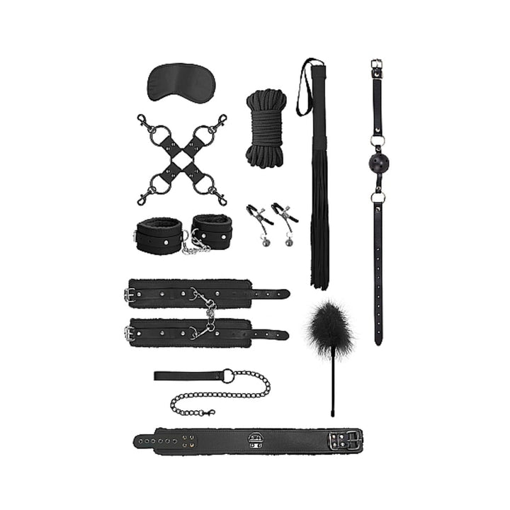 Intermediate bondage kit with black ball gag, hand and leg cuffs, eye mask, flogger, feather tickler, silk rope, hogtie connector, nipple clamps, collar, and leash.
