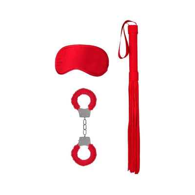 Red introductory bondage kit with furry handcuffs, satin blindfold, and soft flogger whip on white background.