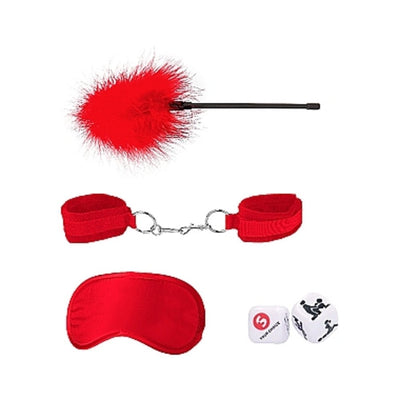 Red feather tickler, adjustable velvet handcuffs, satin blindfold, and two dice from introductory bondage kit set.