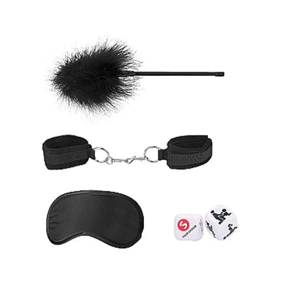 Introductory bondage kit with black feather tickler, adjustable velvet cuffs, satin blindfold, and playful dice on white background.
