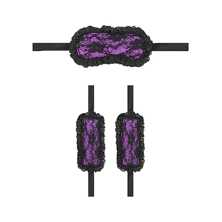 Purple lace and black ruffle eye mask and wrist cuffs set with adjustable straps for beginner bondage play.