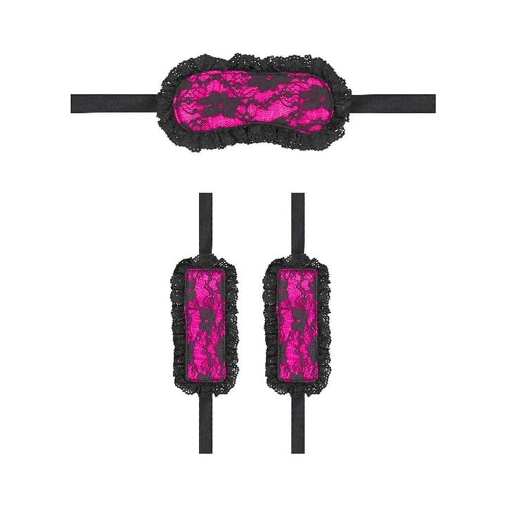 Purple and black lace blindfold and matching wrist cuffs with adjustable straps for beginner bondage play.
